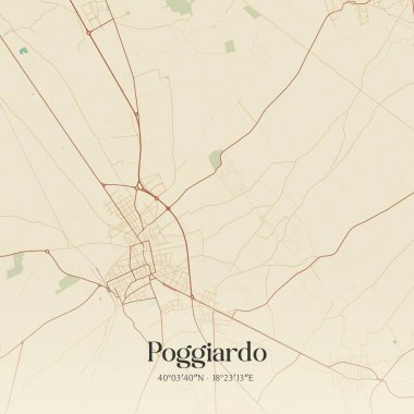 İtalya, Apulia 'da bulunan Poggiardo' nun klasik duvar sanat haritası. Ormanlar, yollar, şehirler, göller ve nehirlerle ilgili hava planı.