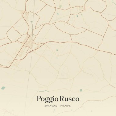 Lombardia, İtalya 'da bulunan Poggio Rusco' nun klasik duvar sanat haritası. Ormanlar, yollar, şehirler, göller ve nehirlerle ilgili hava planı.