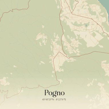 İtalya, Piemonte 'de bulunan Pogno' nun klasik duvar sanat haritası. Ormanlar, yollar, şehirler, göller ve nehirlerle ilgili hava planı.