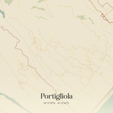 Portigliola 'nın klasik duvar sanat haritası, Calabria, İtalya' da. Ormanlar, yollar, şehirler, göller ve nehirlerle ilgili hava planı.