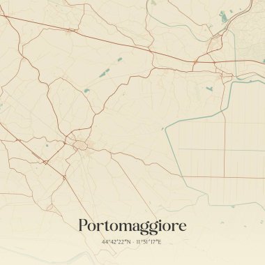 Portomaggiore 'un klasik duvar haritası, Emilia-Romagna, İtalya' da. Ormanlar, yollar, şehirler, göller ve nehirlerle ilgili hava planı.