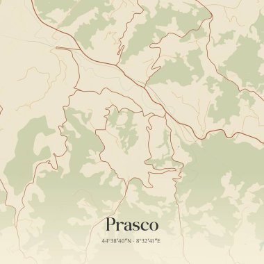 Prasco 'nun klasik duvar sanat haritası, İtalya, Piemonte' de. Ormanlar, yollar, şehirler, göller ve nehirlerle ilgili hava planı.