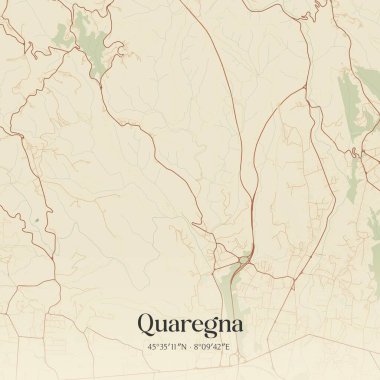 İtalya, Piemonte 'de bulunan Quaregna' nın klasik duvar sanat haritası. Ormanlar, yollar, şehirler, göller ve nehirlerle ilgili hava planı.