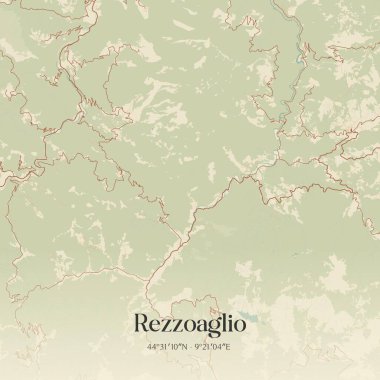 Vintage wall art map of Rezzoaglio, located in Liguria, Italy. Aerial plan with forests, roads, cities, lakes and rivers. clipart