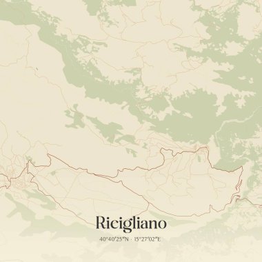 İtalya, Campania 'da bulunan Ricigliano' nun klasik duvar sanat haritası. Ormanlar, yollar, şehirler, göller ve nehirlerle ilgili hava planı.