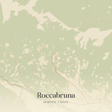 İtalya, Piemonte 'de bulunan Roccabruna' nın klasik duvar sanat haritası. Ormanlar, yollar, şehirler, göller ve nehirlerle ilgili hava planı.