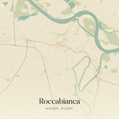 Emilia-Romagna, İtalya 'da bulunan Roccabianca' nın klasik duvar sanat haritası. Ormanlar, yollar, şehirler, göller ve nehirlerle ilgili hava planı.