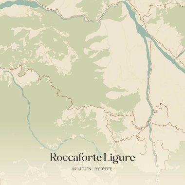 Roccaforte Ligure 'un klasik duvar sanat haritası, Piemonte, İtalya' da. Ormanlar, yollar, şehirler, göller ve nehirlerle ilgili hava planı.