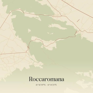 Roccaromana 'nın klasik duvar sanat haritası, İtalya, Campania' da. Ormanlar, yollar, şehirler, göller ve nehirlerle ilgili hava planı.