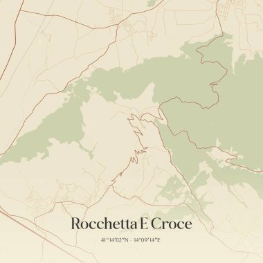 Vintage wall art map of Rocchetta E Croce, located in Campania, Italy. Aerial plan with forests, roads, cities, lakes and rivers. clipart