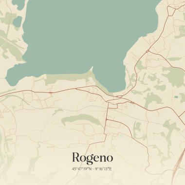 Lombardia, İtalya 'da bulunan Rogeno' nun klasik duvar sanat haritası. Ormanlar, yollar, şehirler, göller ve nehirlerle ilgili hava planı.