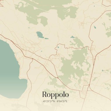 İtalya, Piemonte 'de bulunan Roppolo' nun klasik duvar sanat haritası. Ormanlar, yollar, şehirler, göller ve nehirlerle ilgili hava planı.