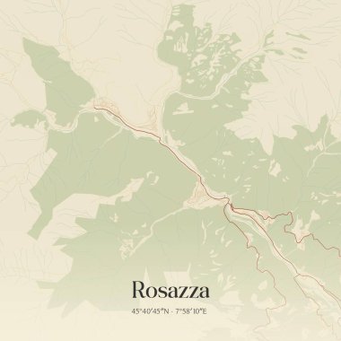 Piemonte, İtalya 'da bulunan Rosazza' nın klasik duvar sanat haritası. Ormanlar, yollar, şehirler, göller ve nehirlerle ilgili hava planı.