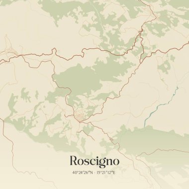 İtalya, Campania 'da bulunan Roscigno' nun klasik duvar sanat haritası. Ormanlar, yollar, şehirler, göller ve nehirlerle ilgili hava planı.