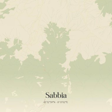 İtalya, Piemonte 'de bulunan Sabbia' nın klasik duvar sanat haritası. Ormanlar, yollar, şehirler, göller ve nehirlerle ilgili hava planı.
