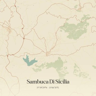 Sicilya, İtalya 'da bulunan Sambuca Di Sicilya' nın klasik duvar sanat haritası. Ormanlar, yollar, şehirler, göller ve nehirlerle ilgili hava planı.