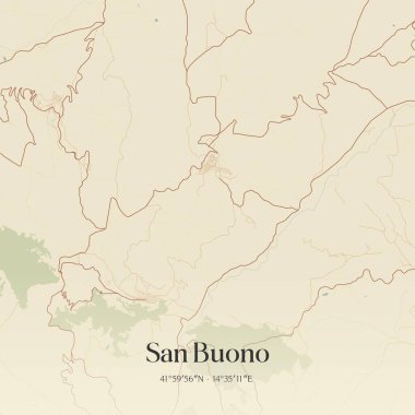 San Buono 'nun klasik duvar haritası, İtalya, Abruzzo' da. Ormanlar, yollar, şehirler, göller ve nehirlerle ilgili hava planı.
