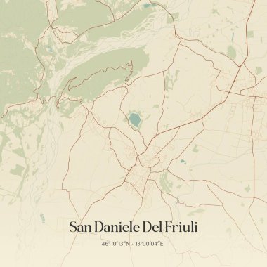 San Daniele Del Friuli 'nin klasik duvar haritası, İtalya' nın Friuli-Venezia Giulia şehrinde. Ormanlar, yollar, şehirler, göller ve nehirlerle ilgili hava planı.