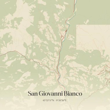 Lombardia, İtalya 'da bulunan San Giovanni Bianco' nun klasik duvar sanat haritası. Ormanlar, yollar, şehirler, göller ve nehirlerle ilgili hava planı.