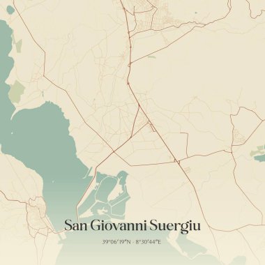 Sardegna, İtalya 'da bulunan San Giovanni Suergiu' nun klasik duvar sanat haritası. Ormanlar, yollar, şehirler, göller ve nehirlerle ilgili hava planı.