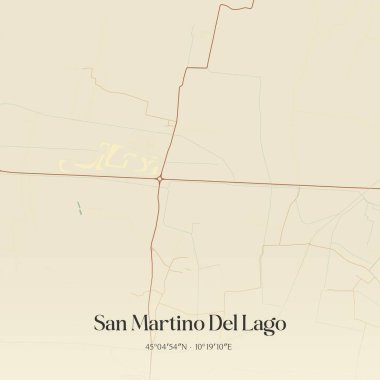 Lombardia, İtalya 'da bulunan San Martino Del Lago' nun klasik duvar sanat haritası. Ormanlar, yollar, şehirler, göller ve nehirlerle ilgili hava planı.