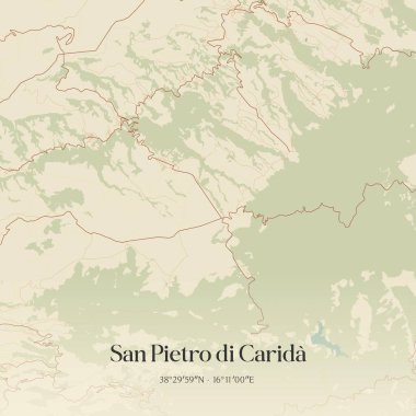 İtalya, Calabria 'da bulunan San Pietro di Carida' nın klasik duvar sanat haritası. Ormanlar, yollar, şehirler, göller ve nehirlerle ilgili hava planı.