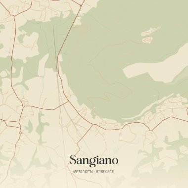 Lombardia, İtalya 'da bulunan Sangiano' nun klasik duvar sanat haritası. Ormanlar, yollar, şehirler, göller ve nehirlerle ilgili hava planı.