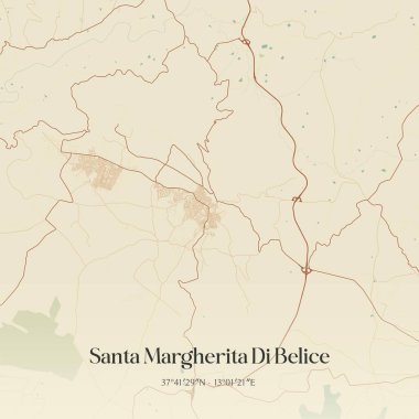 Vintage wall art map of Santa Margherita Di Belice, located in Sicily, Italy. Aerial plan with forests, roads, cities, lakes and rivers. clipart