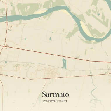 Emilia-Romagna, İtalya 'da bulunan Sarmato' nun klasik duvar sanat haritası. Ormanlar, yollar, şehirler, göller ve nehirlerle ilgili hava planı.