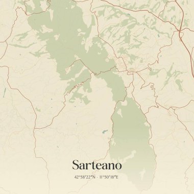 Sarteano 'nun klasik duvar haritası, Toscana, İtalya' da. Ormanlar, yollar, şehirler, göller ve nehirlerle ilgili hava planı.