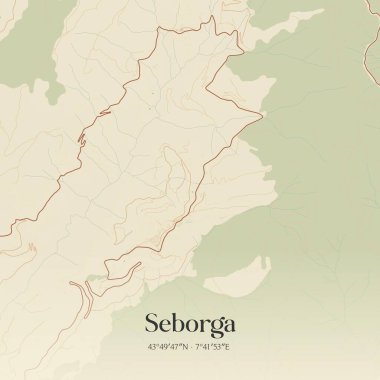 Liguria, İtalya 'da bulunan Seborga' nın klasik duvar sanat haritası. Ormanlar, yollar, şehirler, göller ve nehirlerle ilgili hava planı.