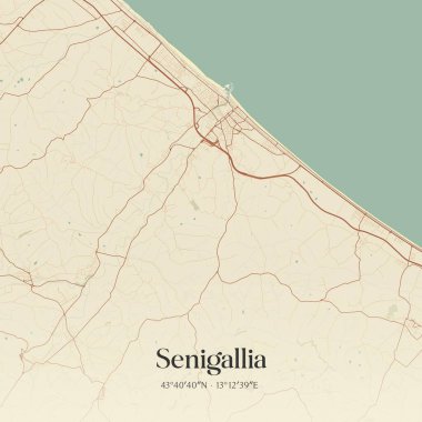 Senigallia 'nın klasik duvar haritası, Marche, İtalya' da. Ormanlar, yollar, şehirler, göller ve nehirlerle ilgili hava planı.