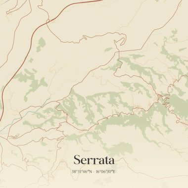 Serrata 'nın klasik duvar haritası, Calabria, İtalya' da. Ormanlar, yollar, şehirler, göller ve nehirlerle ilgili hava planı.