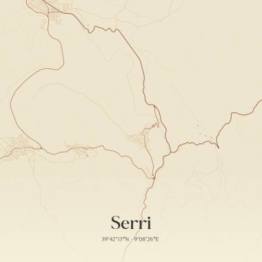 Serri 'nin klasik duvar haritası, Sardegna, İtalya' da. Ormanlar, yollar, şehirler, göller ve nehirlerle ilgili hava planı.