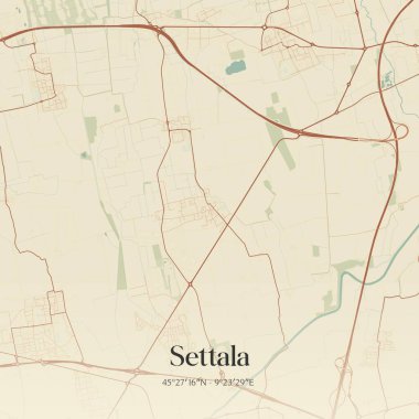 Lombardia, İtalya 'da bulunan Settala' nın klasik duvar sanat haritası. Ormanlar, yollar, şehirler, göller ve nehirlerle ilgili hava planı.