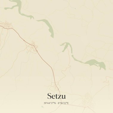 Setzu 'nun klasik duvar haritası, Sardegna, İtalya' da. Ormanlar, yollar, şehirler, göller ve nehirlerle ilgili hava planı.