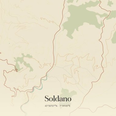 Soldano 'nun klasik duvar sanat haritası, Liguria, İtalya' da. Ormanlar, yollar, şehirler, göller ve nehirlerle ilgili hava planı.
