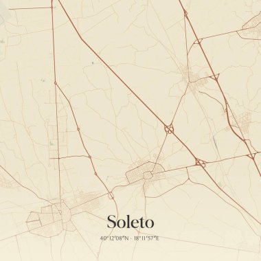 Vintage wall art map of Soleto, located in Apulia, Italy. Aerial plan with forests, roads, cities, lakes and rivers. clipart