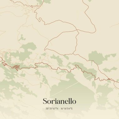 İtalya, Calabria 'da bulunan Sorianello' nun klasik duvar sanat haritası. Ormanlar, yollar, şehirler, göller ve nehirlerle ilgili hava planı.