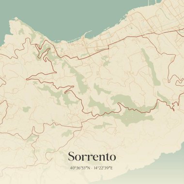 İtalya, Campania 'da bulunan Sorrento' nun klasik duvar sanat haritası. Ormanlar, yollar, şehirler, göller ve nehirlerle ilgili hava planı.