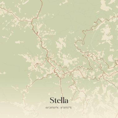 Stella 'nın klasik duvar haritası, Liguria, İtalya' da. Ormanlar, yollar, şehirler, göller ve nehirlerle ilgili hava planı.