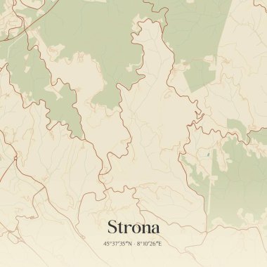 Strona 'nın klasik duvar sanat haritası, Piemonte, İtalya' da. Ormanlar, yollar, şehirler, göller ve nehirlerle ilgili hava planı.