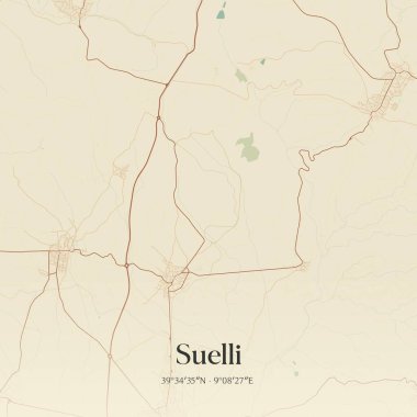 İtalya, Sardegna 'da bulunan Suelli' nin klasik duvar sanat haritası. Ormanlar, yollar, şehirler, göller ve nehirlerle ilgili hava planı.