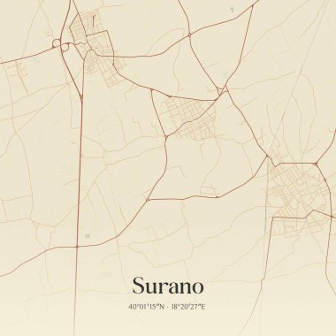 Apulia, İtalya 'da bulunan Surano' nun klasik duvar sanat haritası. Ormanlar, yollar, şehirler, göller ve nehirlerle ilgili hava planı.