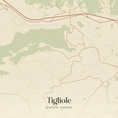 Piemonte, İtalya 'da bulunan Tigliole' un klasik duvar sanat haritası. Ormanlar, yollar, şehirler, göller ve nehirlerle ilgili hava planı.