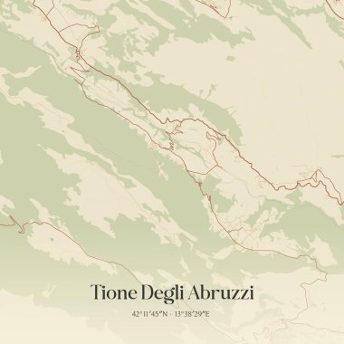 Vintage wall art map of Tione Degli Abruzzi, located in Abruzzo, Italy. Aerial plan with forests, roads, cities, lakes and rivers. clipart