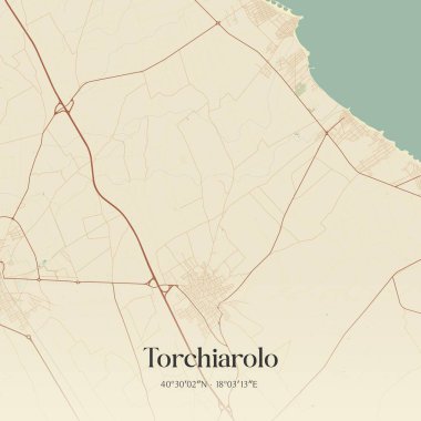 İtalya, Apulia 'da bulunan Torchiarolo' nun klasik duvar sanat haritası. Ormanlar, yollar, şehirler, göller ve nehirlerle ilgili hava planı.