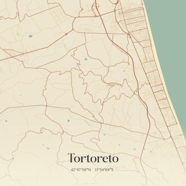 İtalya, Abruzzo 'da bulunan Tortoreto' nun klasik duvar sanat haritası. Ormanlar, yollar, şehirler, göller ve nehirlerle ilgili hava planı.