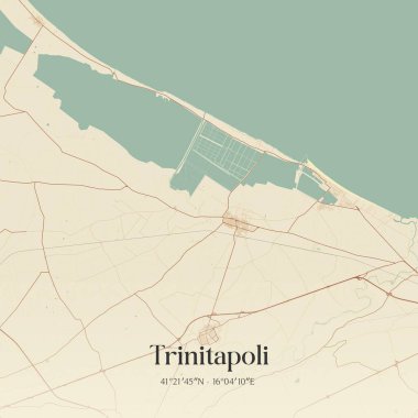 İtalya, Apulia 'da bulunan Trinitapoli' nin klasik duvar sanat haritası. Ormanlar, yollar, şehirler, göller ve nehirlerle ilgili hava planı.