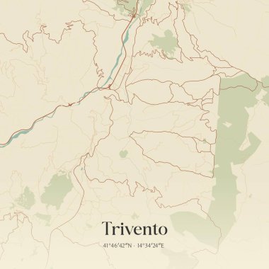 Vintage wall art map of Trivento, located in Molise, Italy. Aerial plan with forests, roads, cities, lakes and rivers. clipart